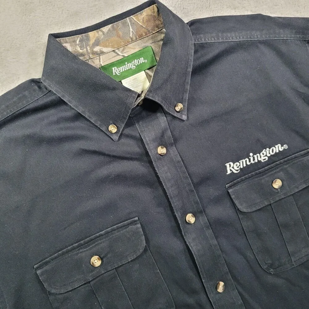 Remington Shirt Mens Large Black Long Sleeve Button Down Twill Hunting Camo